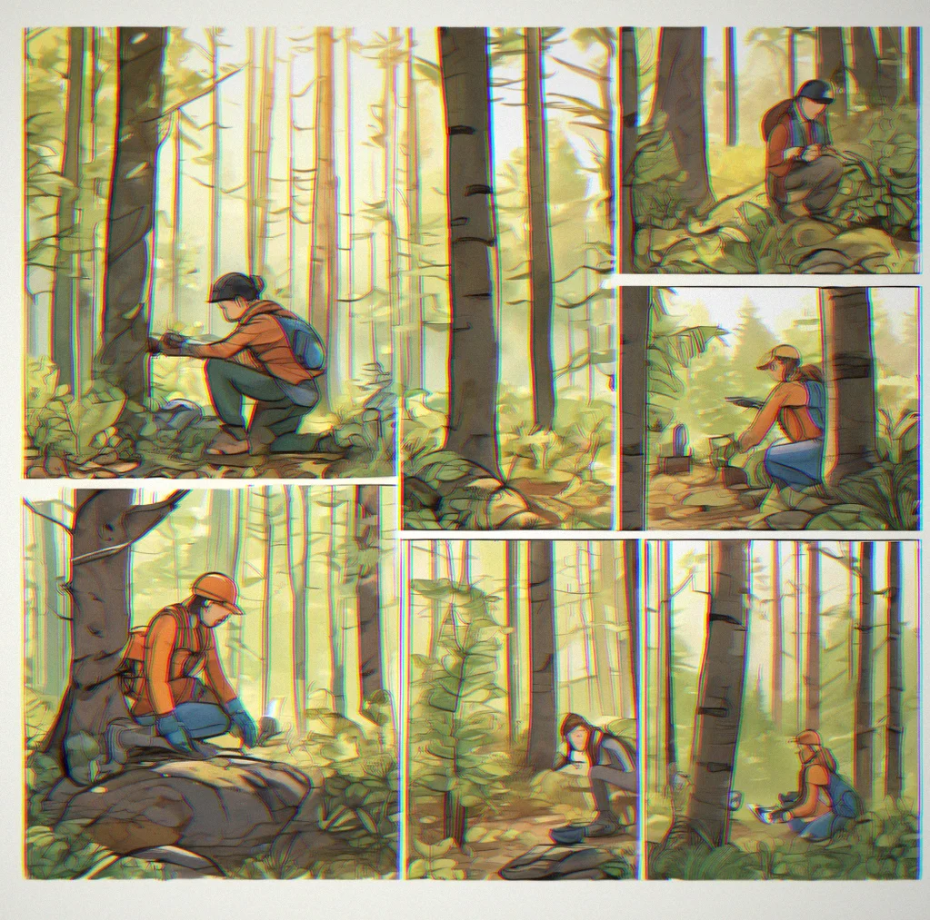 Five people standing quietly at the forest edge with binoculars and notebooks, doing an early morning bird count