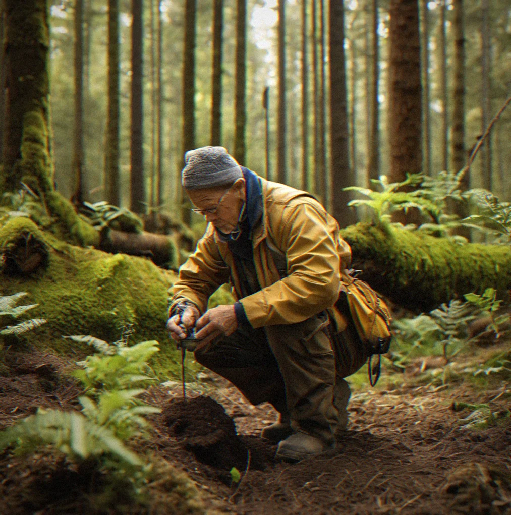 A person crouched by a vernal pool at dusk with a tripod-mounted audio recorder, capturing the sounds of spring peepers