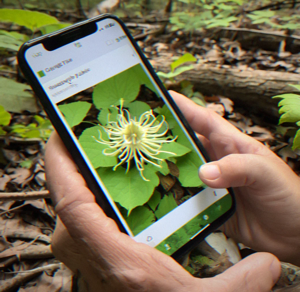 Close-up of a hand holding a smartphone with iNaturalist open, identifying a naative mayapple plant in the forest understory