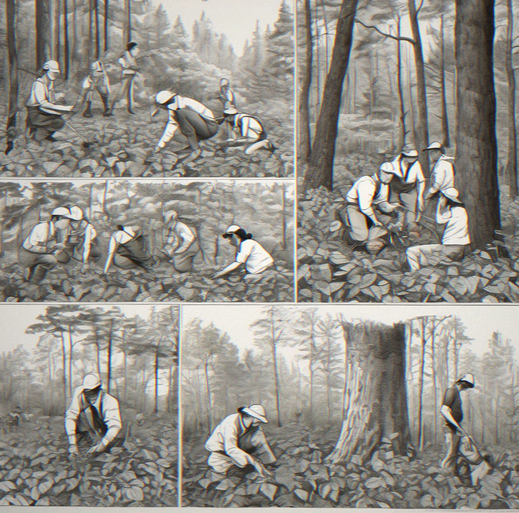 Group of six adults removing dense honeysuckle vines from a forest edge, with cleared area visible in background