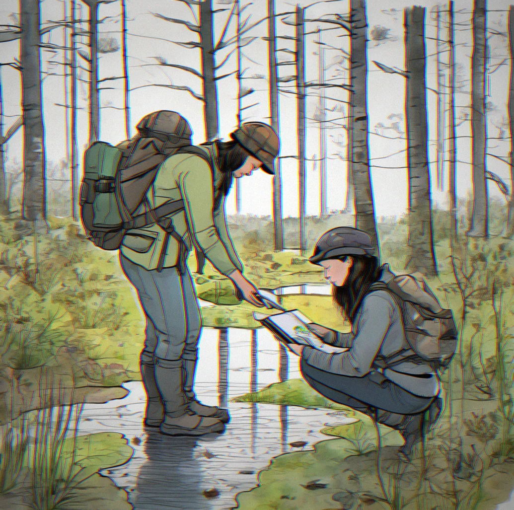 Two people standing at a vernal pool at dusk with notebooks and audio recording equipment, monitoring for amphibian calls