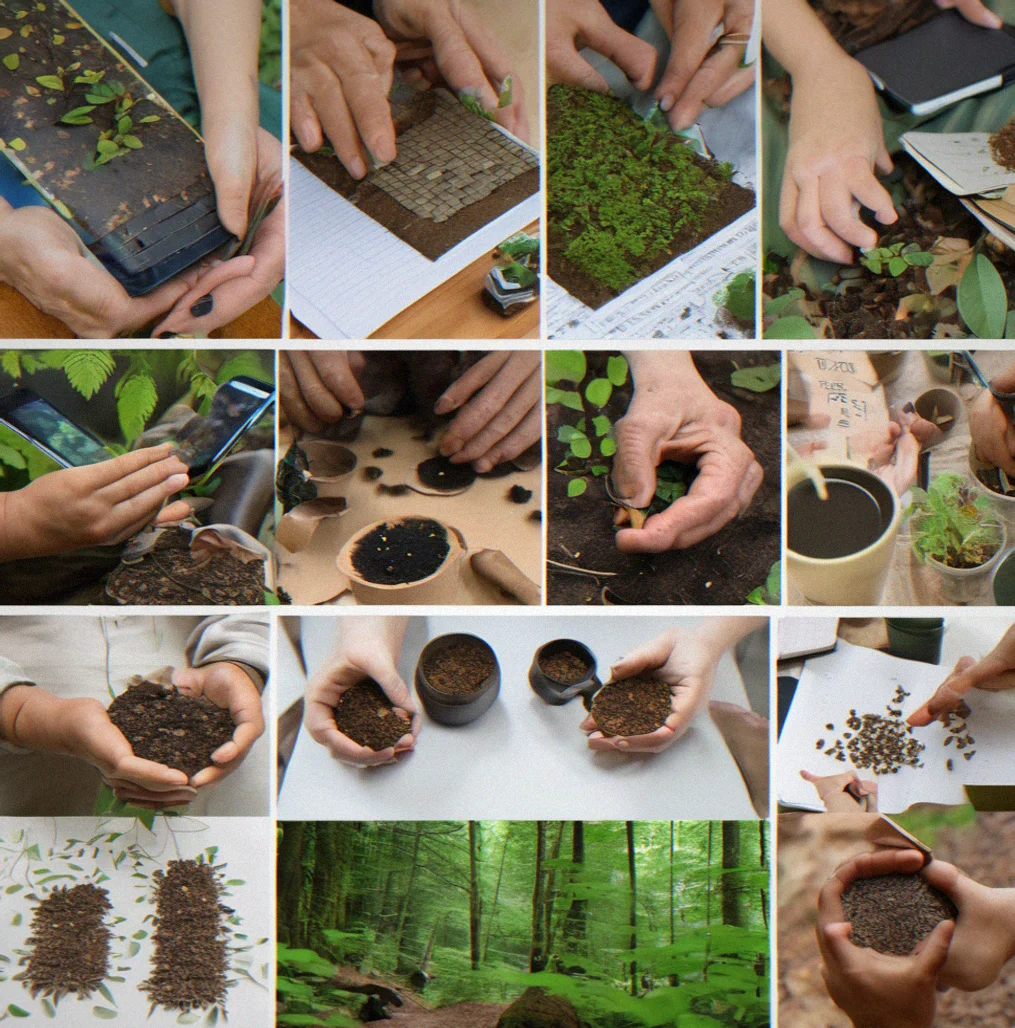 Workshop setting with native plant seeds spread on a table, hands potting seedlings into small containers