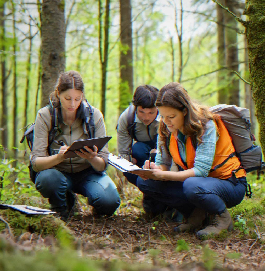 Three people in a field with clipboards recording bird activity observations during a spring migration count
