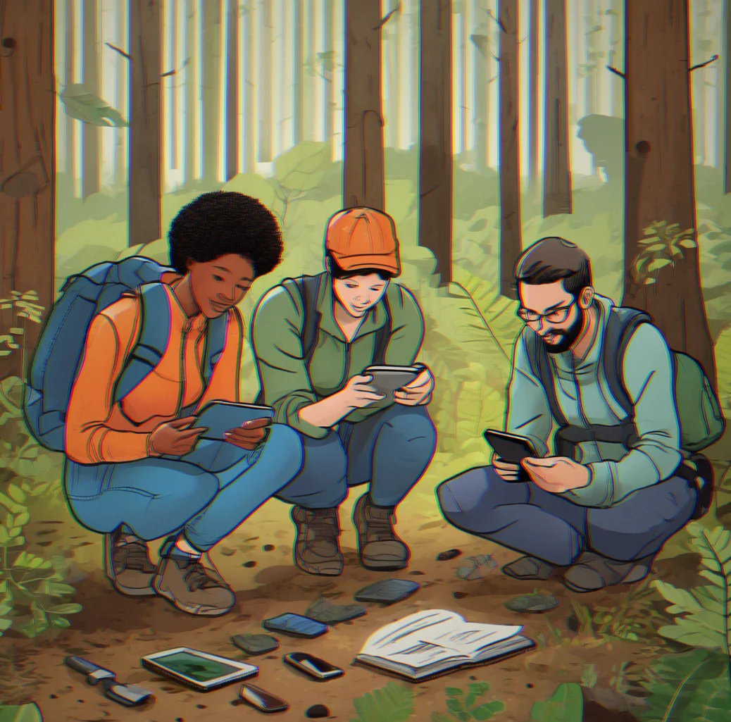 Group of adults in a forest identifying plants with field guides and smartphones