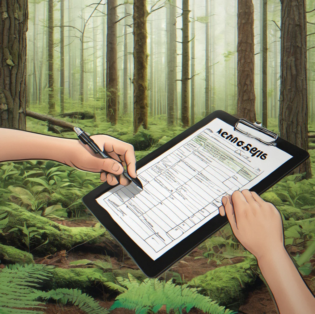 Hands holding a clipboard with data sheets and invasive species identification checklist in a forest restoration area