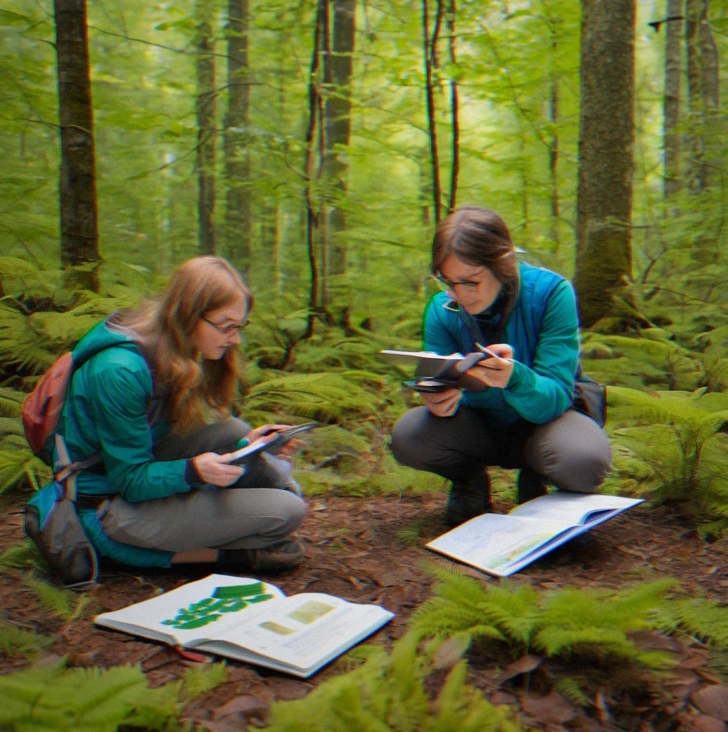 Two people comparing plant leaf samples with a laminated field guide, pointing out identifying features