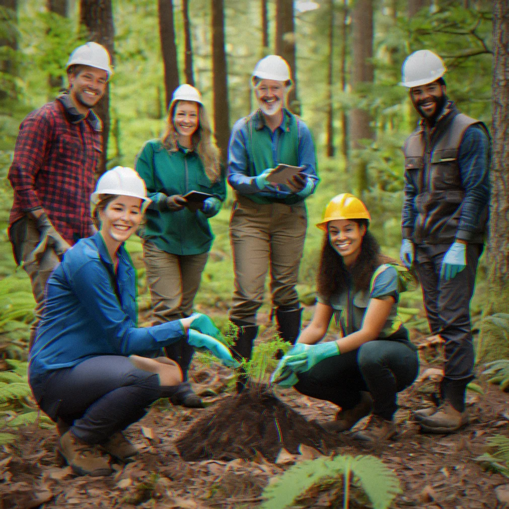 Group of five people in work gloves standing together in a forest clearing, smiling during a break from restoration work
