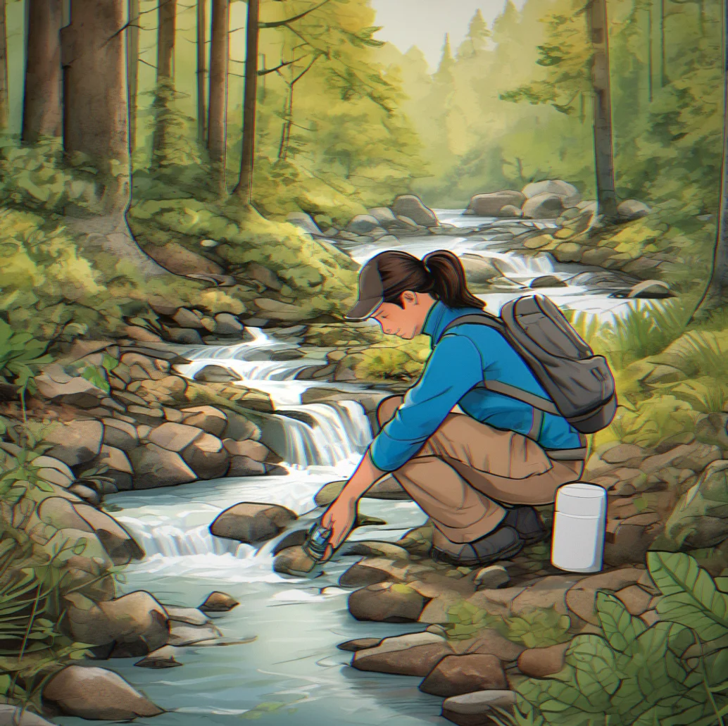 Someone kneeling by a stream, filling labeled containers with water to check for aquatic bugs