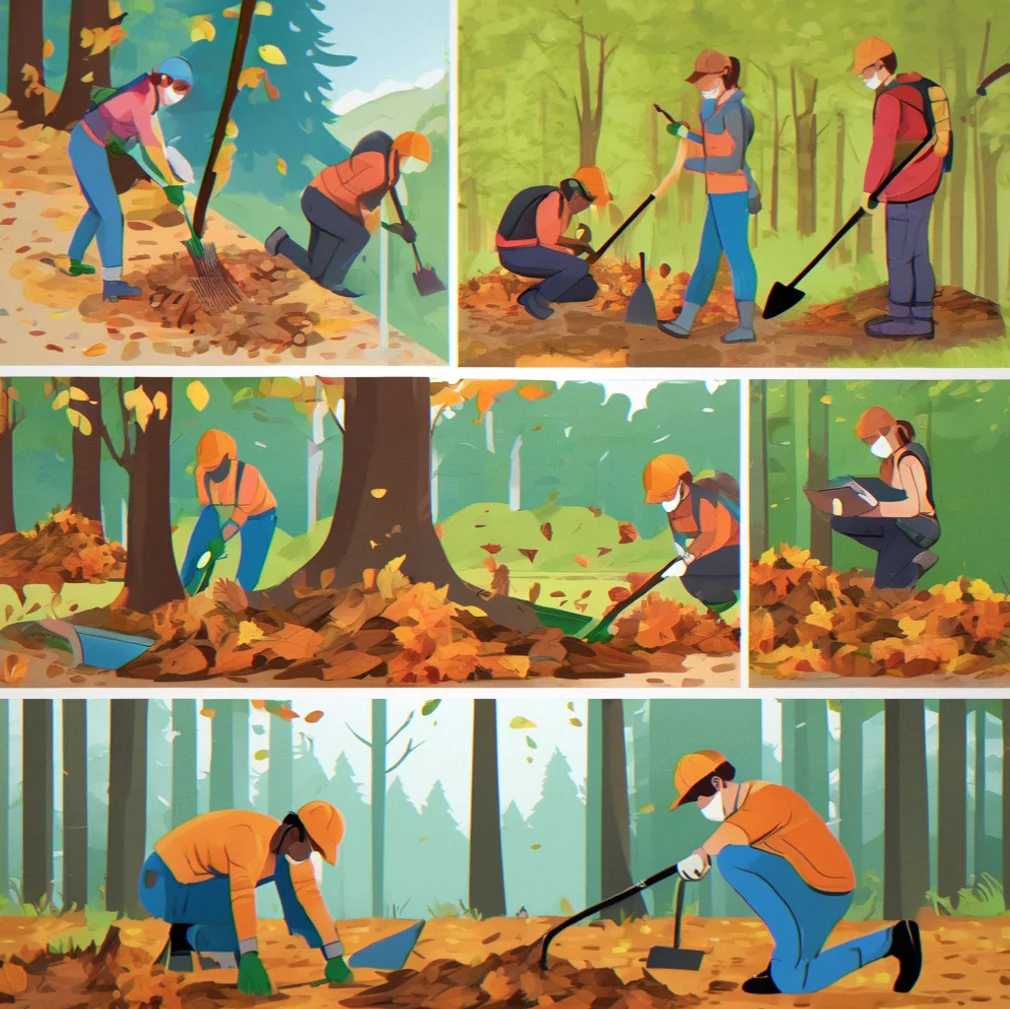 Four people clearing dead leaves and branches from a forest area with rakes and shovels