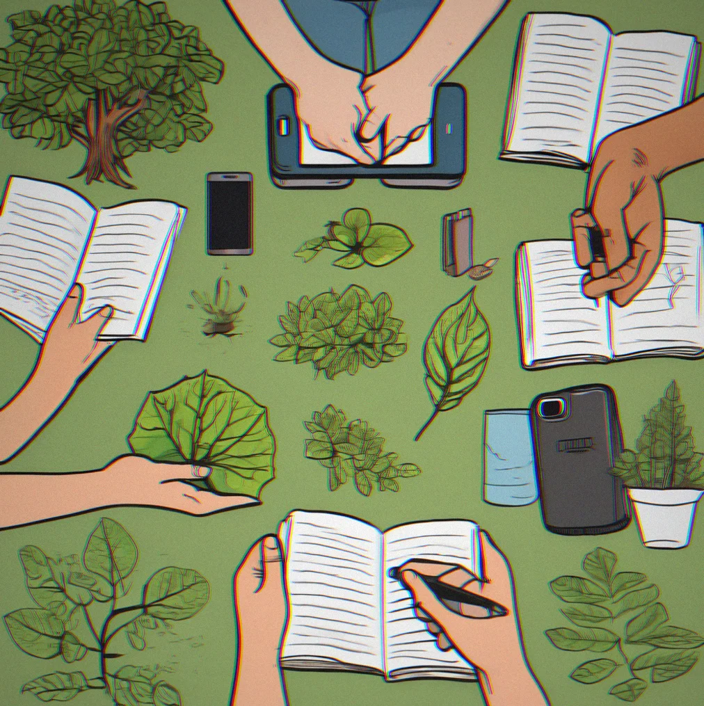 Hands holding a field guide and phone, trying to match plant leaces to identify what's growing