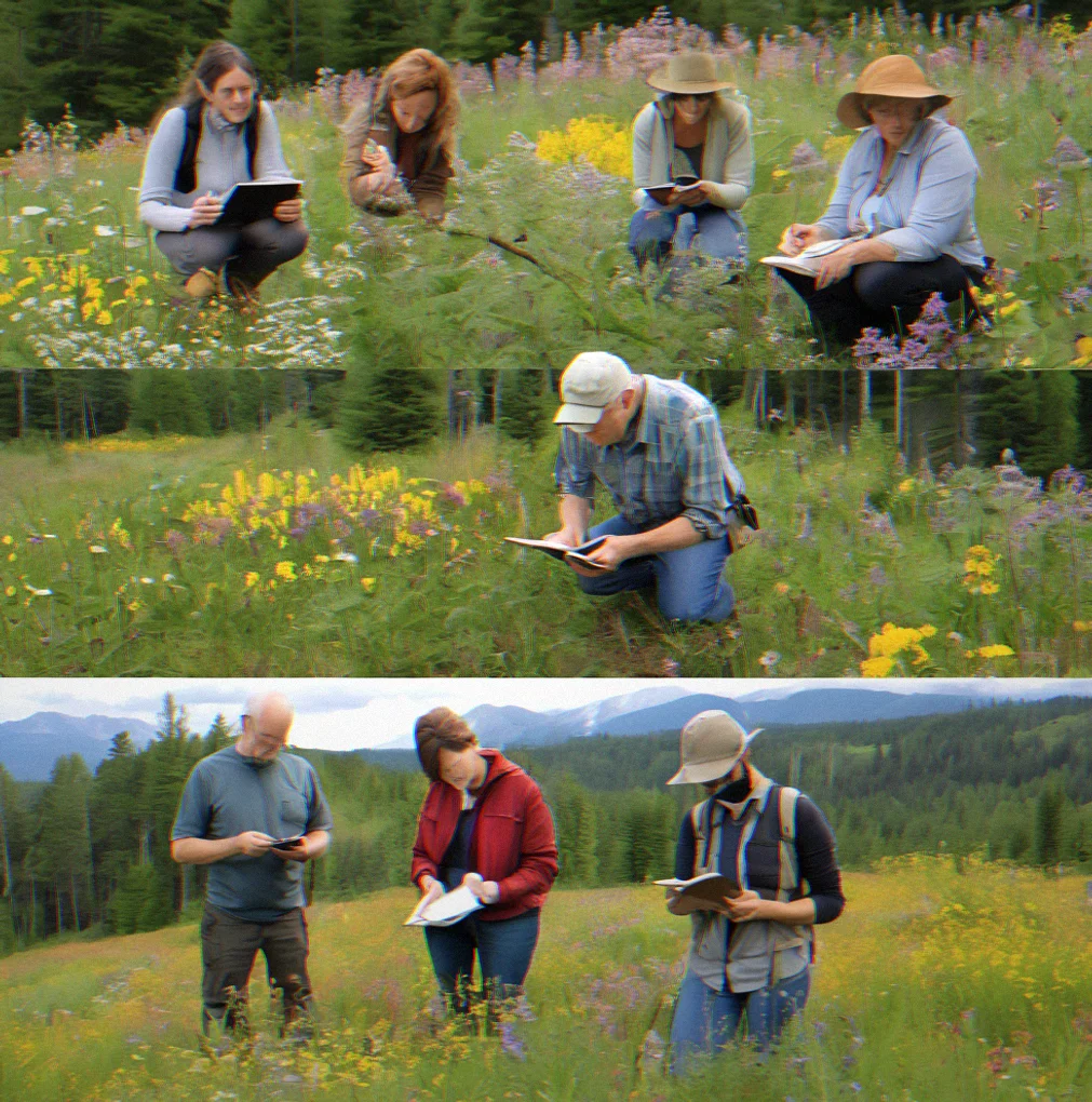 Six people standing in a meadow full of native wildflowers, a few months after invasive plants were pulled out