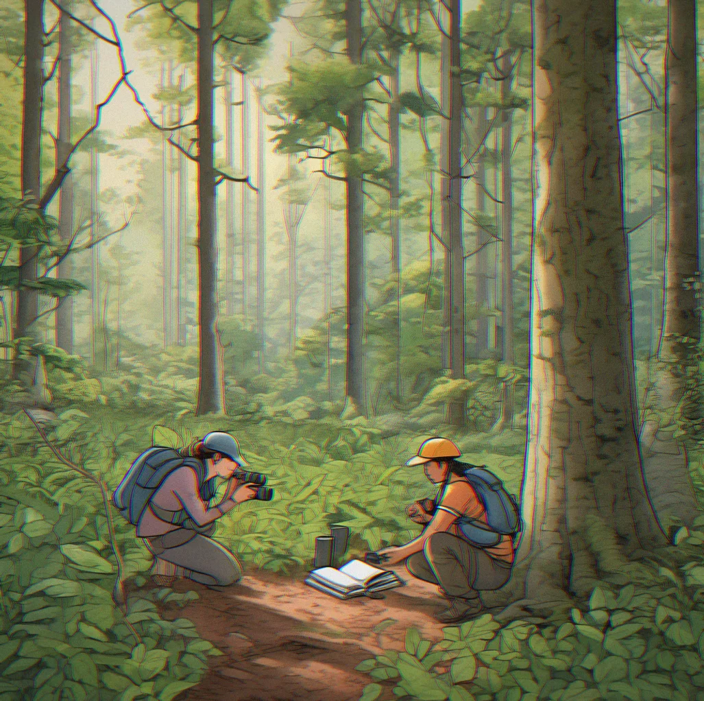 Early morning under a thick forest canopy. Two people in the distance with binoculars, watching for birds