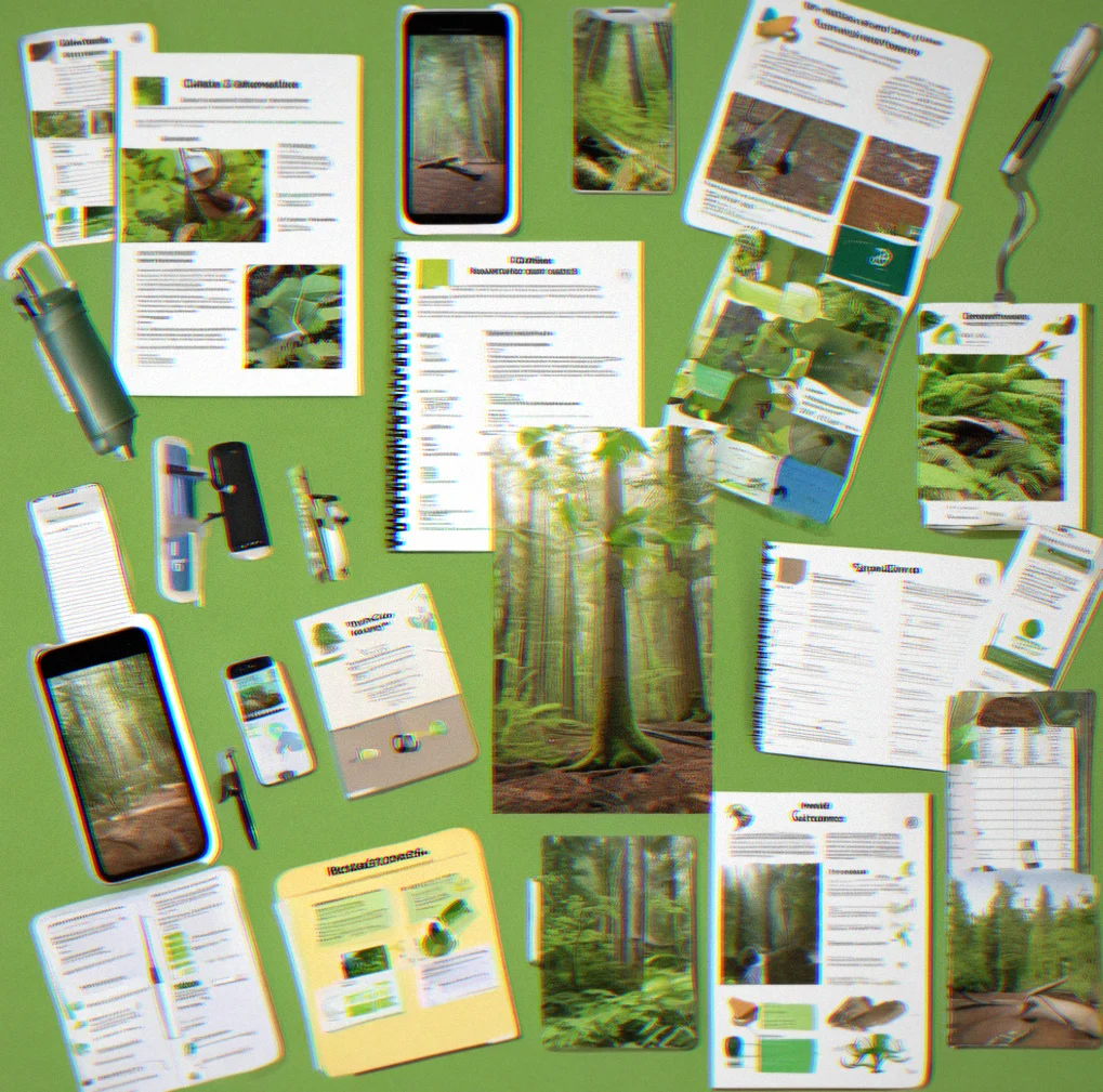 Citizen science supplies spread out: clipboards, data sheets, plant ID cards, iNaturalist open on a phone